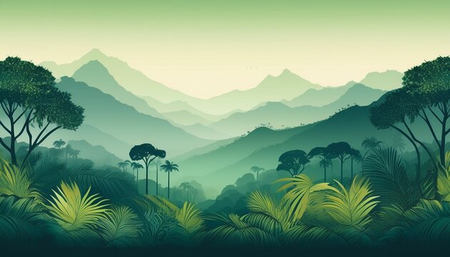 Jungle Landscape Layered Background With Rainforest Parallax Effect Horizontal Green Panoramic Backdrop With Mountains Hills Palms Trees And Bushes