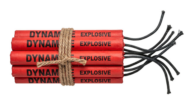 Bundle of red dynamite sticks tied with rope and showing detonator wires