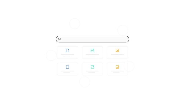 Modern search bar and document grid icons illustrating digital information management and minimalist interface design concepts for web platforms