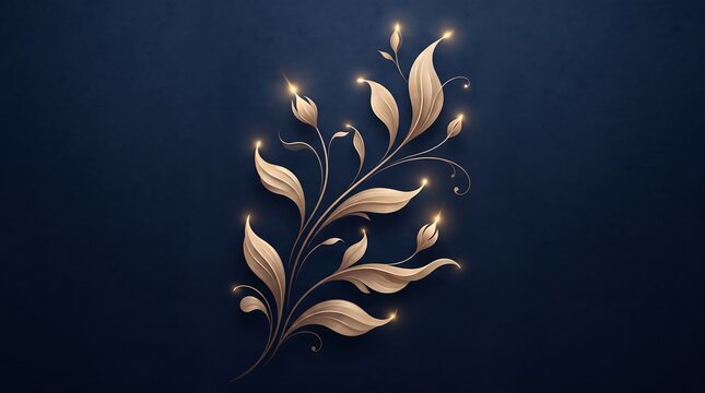 Elegant golden floral branch with glowing sparkles on a dark blue textured background, luxury botanical design element for invitations and decor
