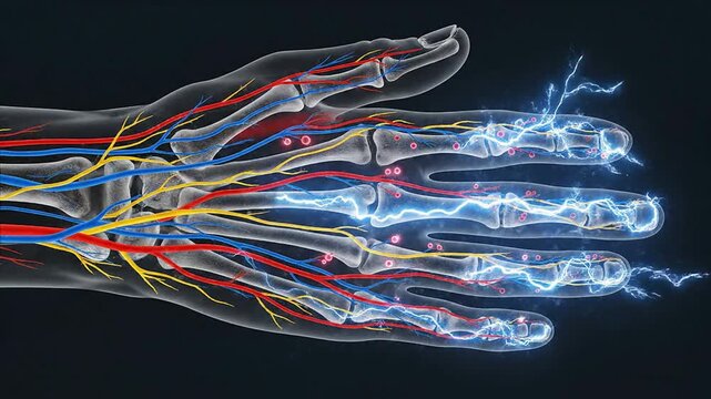 Futuristic X-Ray Style Transparent Hand Showcasing Bones and Veins with Electric Lines on Dark Background