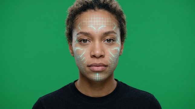 High-tech portrait of a young woman with a digital biometric face scan grid overlay, isolated on a green screen backdrop for facial recognition, artificial intelligence, and cyber security concepts.