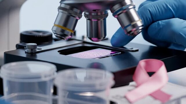 Gloved Hand Manipulating Slide Under Microscope in Laboratory Setting for Advanced Pathology Analysis with Containers and Health Awareness Ribbon