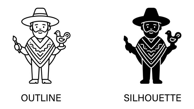 Man in Poncho with Rooster Icon: A graphic representation of a man wearing a traditional poncho and sombrero, holding a paintbrush and a rooster icon, presented in both outline and silhouette styles.