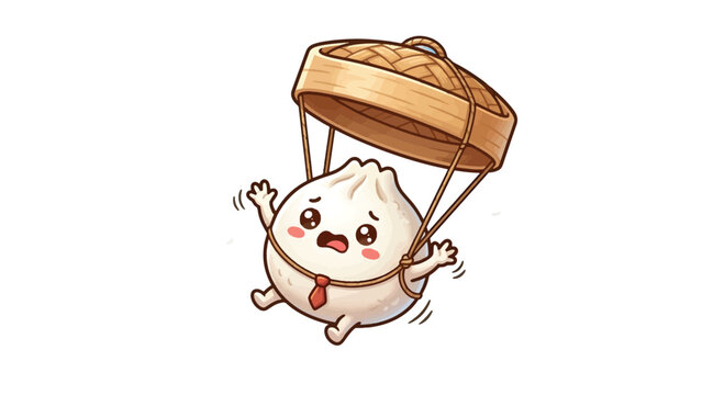 Dumpling Character Falling with a Bamboo Steamer Basket Parachute