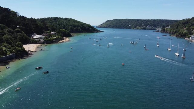 Aerial drone view of sailing boats in Salcombe Estuary, South Devon, England