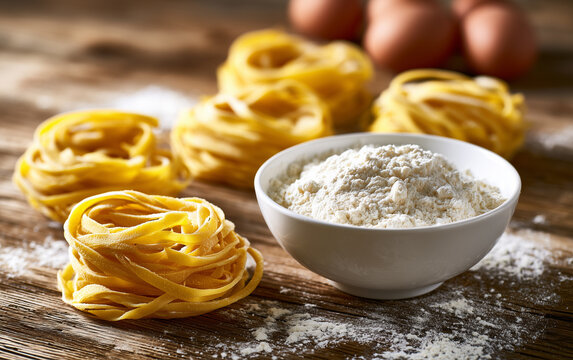 Fresh Pasta Ingredients: Delicate Egg Noodles, Fine Flour, and Whole Eggs on Rustic Wooden Background