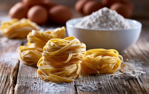 Fresh Pasta Ingredients: Delicate Egg Noodles, Fine Flour, and Whole Eggs on Rustic Wooden Background
