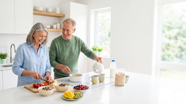 Senior couple preparing a healthy breakfast together in a cozy kitchen