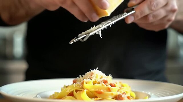 Macro Close-Up Of Chef Hands Grating Parmesan Cheese Over Fresh Pasta In Kitchen, Culinary Art And Food Preparation