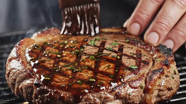 Macro Close-Up Of Chef's Hands Brushing Marinade Over Grilled Steak, Enhancing Flavor With Fresh Herbs And Spices Ideal For Culinary Visuals And Food Production