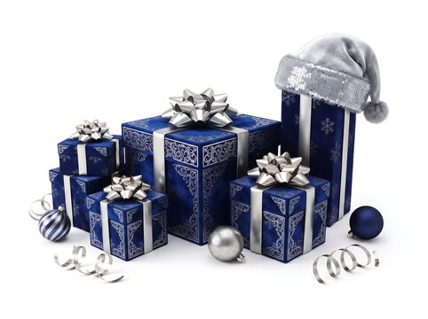 Christmas gift boxes with silver ribbons and bows, isolated on white background