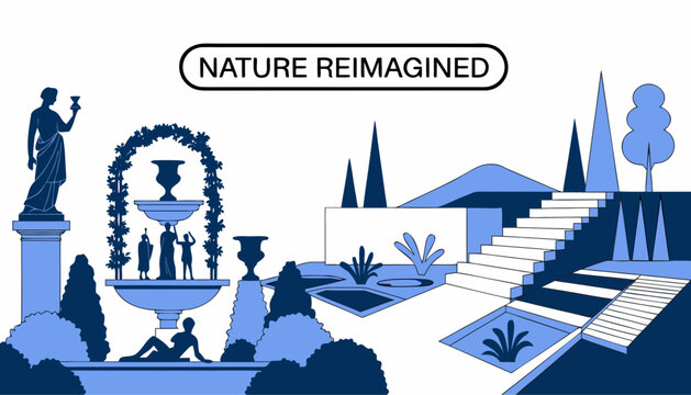 Very beautiful black and white realistic vector illustration of CLASSICAL GARDEN + MODERN GEOMETRIC LANDSCAPE featuring a bold architectural label reading "NATURE REIMAGINED", engraved classical sculp
