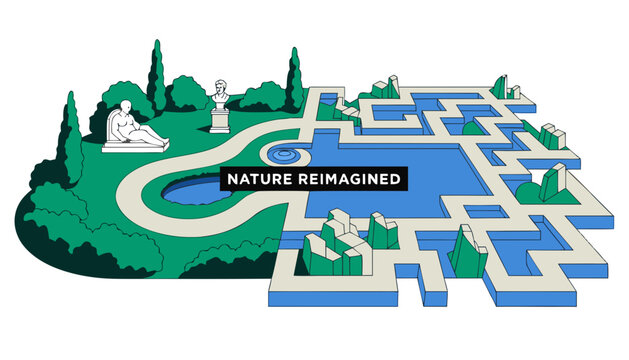 Very beautiful black and white realistic vector illustration of CLASSICAL GARDEN + MODERN GEOMETRIC LANDSCAPE featuring a bold architectural label reading "NATURE REIMAGINED", engraved classical sculp