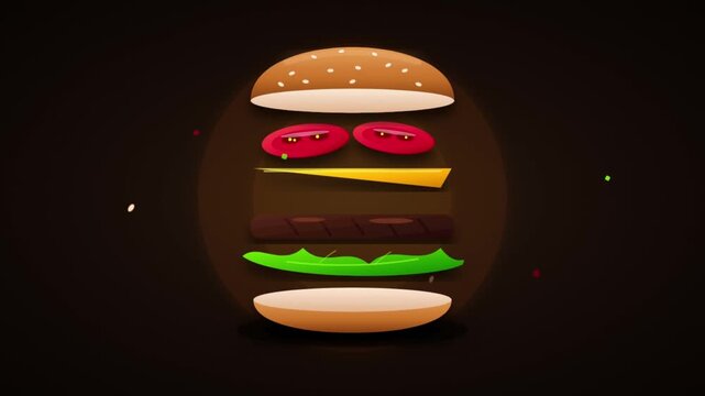 Floating layers of a deconstructed burger with sesame bun cheese and fresh vegetables
