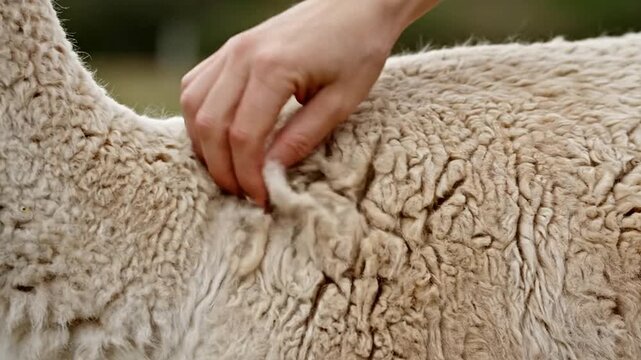 Macro Close-Up of Gentle Hand Touching Soft Alpaca Wool in Natural Outdoor Setting