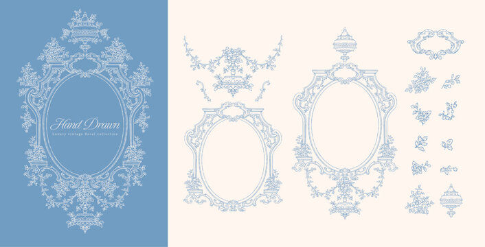Vintage Vintage Engraving Baroque Floral Frames Set, Luxury Wedding Crest Borders and Antique Ornaments Elements Vector Collection
