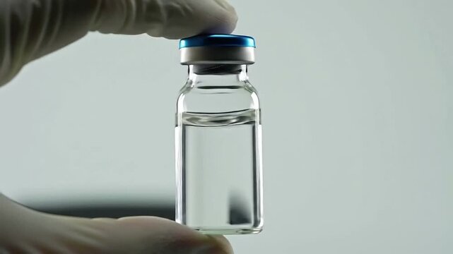 Macro Video Of A Blank Vaccine Vial Held With A Gloved Hand Showcasing Clarity And Design Against A Neutral Background Ideal For Medical and Pharmaceutical Use