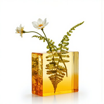 Resin block vase. A translucent amber resin block with a preserved fern (Pteridophyta) inside acts as the vase for a