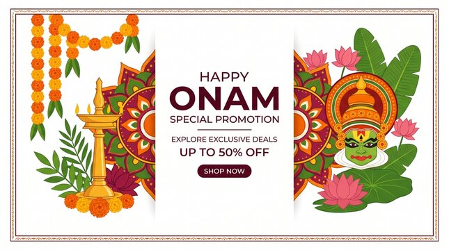 Happy Onam special promotion banner with exclusive deals up to fifty percent off a traditional Indian Kerala festival floral design brass lamp and kathakali ... See More