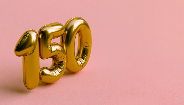 Golden foil number 150 isolated on soft pink background, milestone celebration concept for anniversary, birthday, social media milestone and achievement