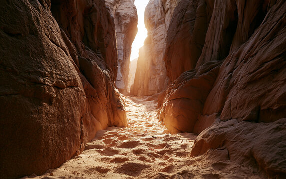 Sunlight illuminates a sandy path through a narrow desert canyon with textured rock walls