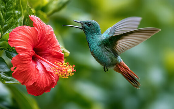 Vibrant Emerald Hummingbird Hovering Gracefully Beside a Lush Red Hibiscus Flower in Soft Bokeh Sunlight