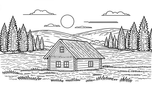 Hand drawn vector illustration of a cozy wooden cabin in a pine forest landscape with rolling hills and sun