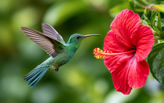 Vibrant Emerald Hummingbird Hovering Gracefully Beside a Lush Red Hibiscus Flower in Soft Bokeh Sunlight