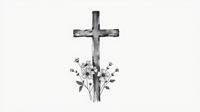 Elegant ink wash illustration of a Christian cross with simple blooming flowers. Minimal monochrome artwork representing remembrance, faith, mourning, hope and peaceful reflection. Isolated on a white