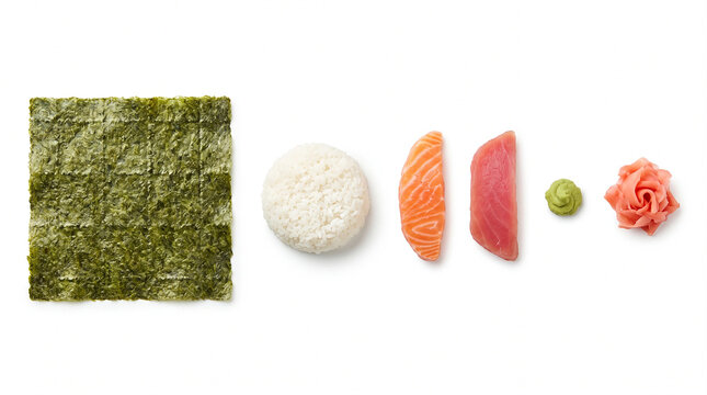Deconstructed sushi ingredients set with nori seaweed, sushi rice, fresh raw salmon, tuna sashimi, wasabi, and pickled ginger isolated on white background