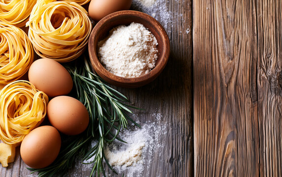 Rustic Wooden Table with Fresh Nest Noodles, Eggs, Flour, and Rosemary - Italian Food Preparation