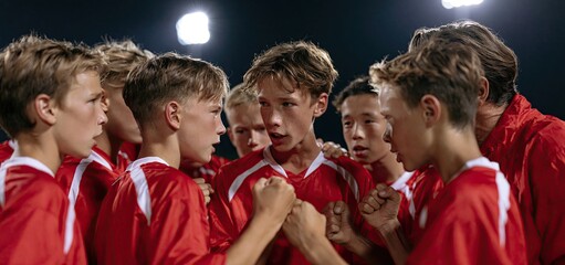 Fototapeta premium A youth soccer team and coach gather in a spirited huddle, boosting motivation and team spirit before the match.