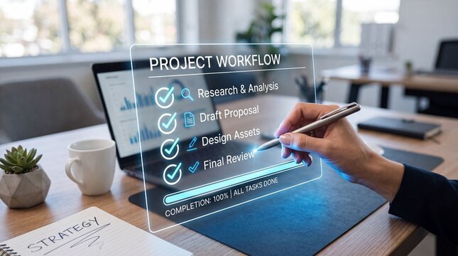 Close up of hand holding pen checking off final task on hundred percent completed project workflow transparent screen at desk workspace