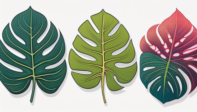 Ensemble De Cinq Feuilles Tropicales Stylisees Et Colorees Sur Fond Blanc Incluant Des Varietes De Monstera Et De Philodendron Pour Un Design Botanique Moderne Et Elegant