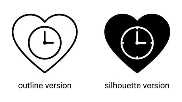 Heart and Clock Icons: Two stylized heart icons, one as an outline and the other as a solid silhouette, each containing a minimalist clock face, symbolizing love and time.