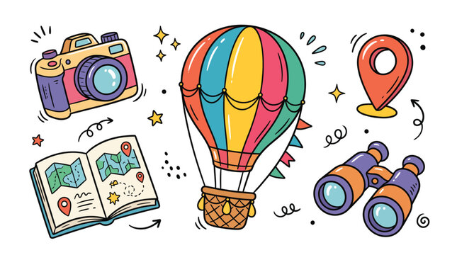 Adventure travel vacation doodle set with a colorful hot air balloon compact camera open road map location pin and binoculars