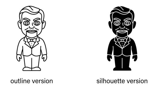 Ventriloquist Dummy Outline and Silhouette: A charming illustration featuring two versions of a classic ventriloquist dummy - one as a clean outline and the other as a solid black silhouette.