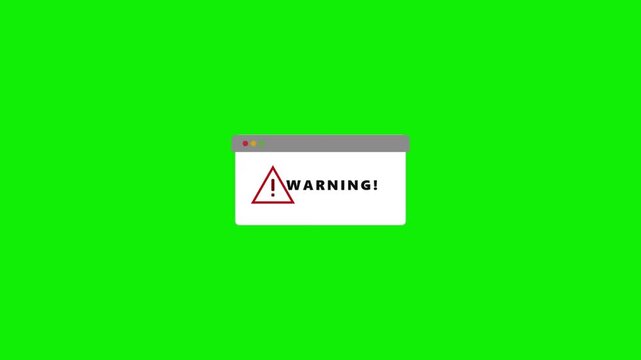 Warning alert popup message window on green screen animated digital system box for website or software error notification, displayed on a for easy compositing