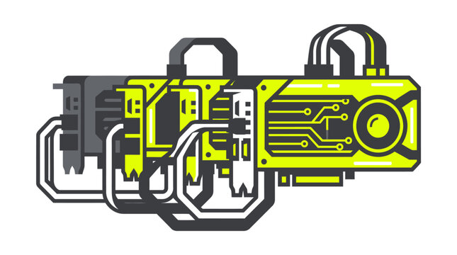 Multiple GPU video cards setup for high performance computing and cryptocurrency mining rig digital hardware illustration