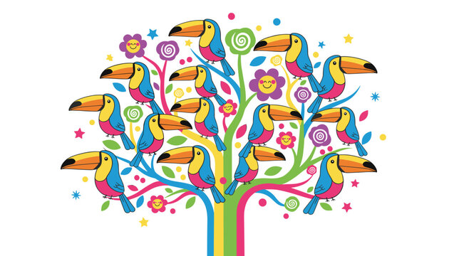 Whimsical tree with rainbow-colored branches filled with cute cartoon toucan birds, flowers, and stars.
