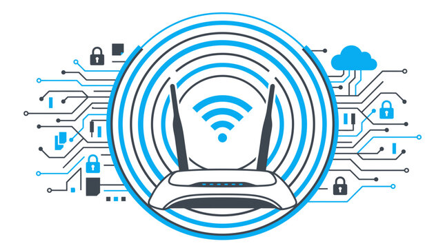 Wi-Fi router emitting signal arcs with cloud and security icons, representing network connectivity and data protection