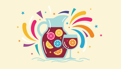 Naklejka premium Festive illustration of a sangria pitcher and glass filled with citrus slices over a pale yellow background.