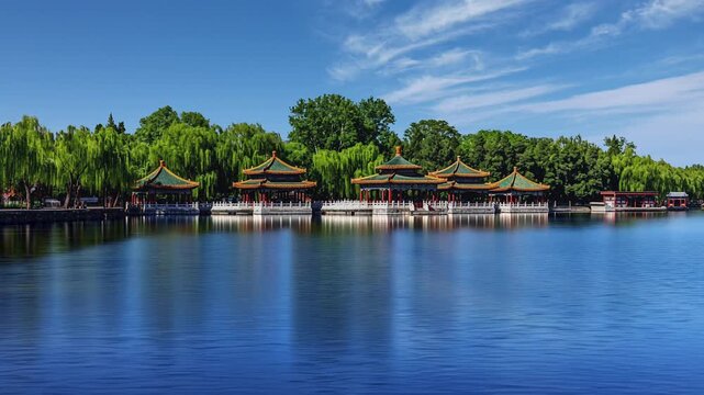 Timelapse video of the Wulong Pavilion at Beihai Park, showcasing the changing sky and reflections on the water during a serene summer day.