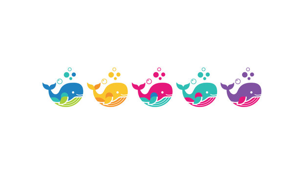 Horizontal row of five cute cartoon whales in different bright colors blowing bubbles over a clean white background.