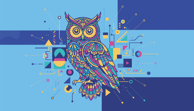Ornate colorful owl standing among abstract digital and geometric shapes over a blue grid-like background.