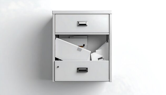 Modern white filing cabinet with open drawers.