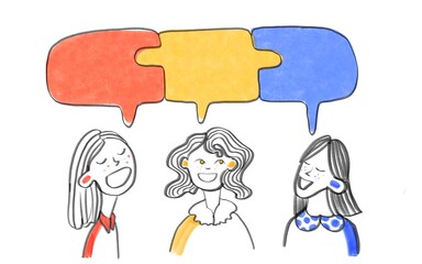 Laughing young women against a background of speech bubbles for social media posts