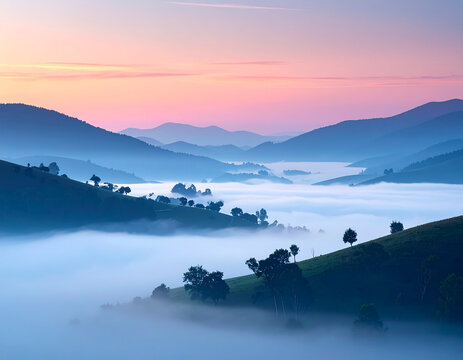 Beautiful misty mountain landscape at sunrise