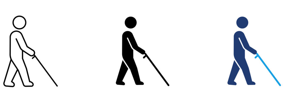 Blind person walking with cane icon in outline, glyph, solid, duotone and colored styles. Symbol of visual impairment, accessibility, disability support, inclusion and mobility.